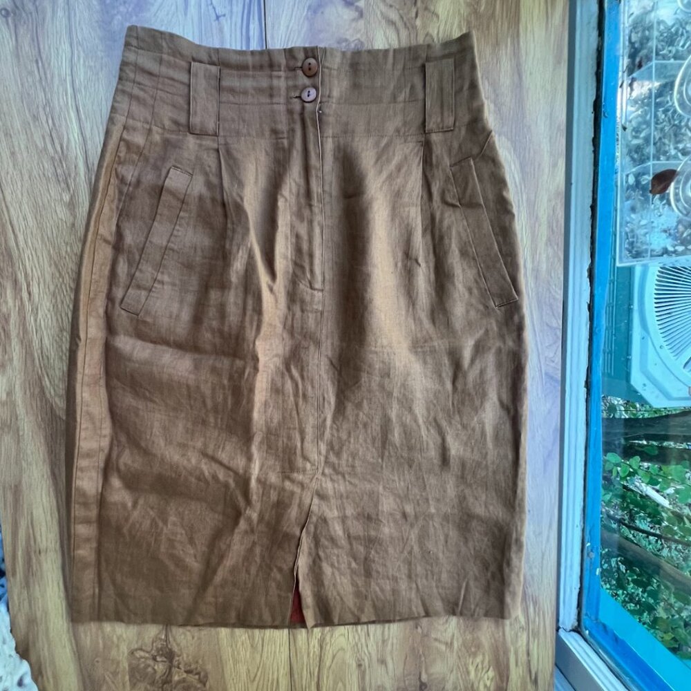 Vintage Ann Taylor Spring Pencil Midi Skirt 100% Linen Sz 6